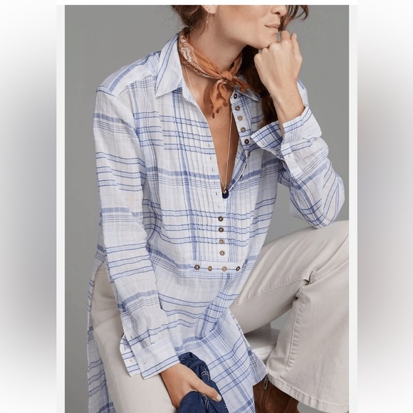 Anthropologie Pilcro Blue and White Plaid Tunic - Picture 1 of 12